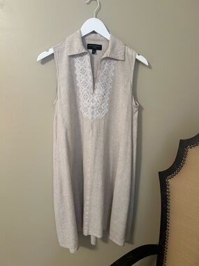 Banana Republic Sleeveless Embroidered Linen-Blend Dress in Light Taupe